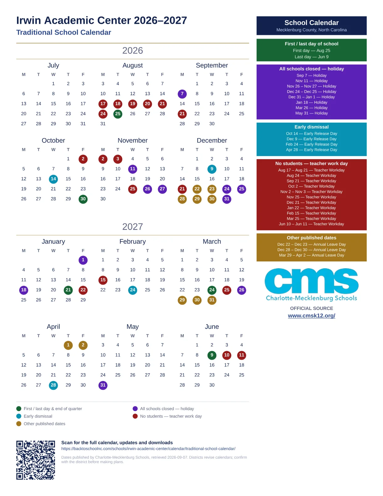 Irwin Academic Center 2026–2027 printable calendar