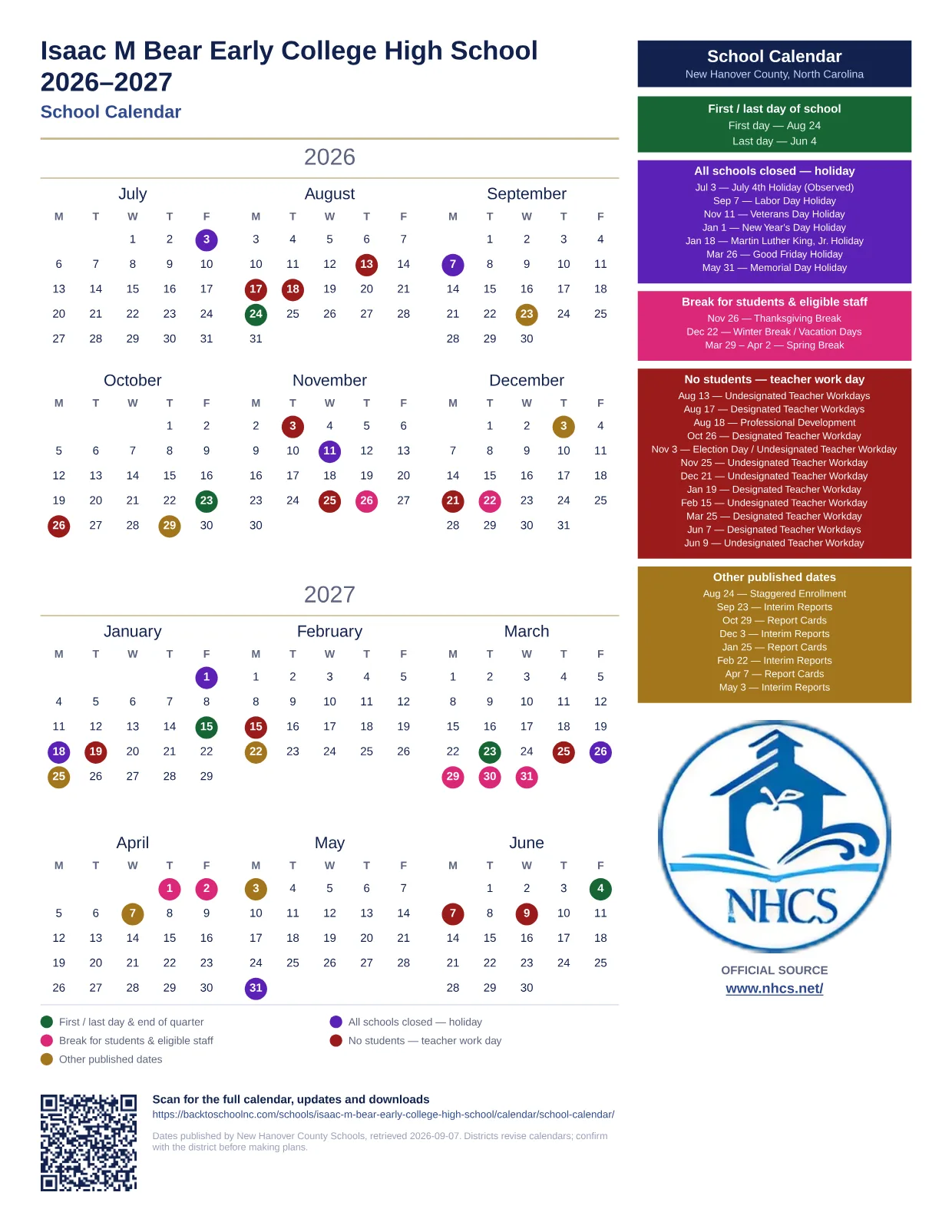 Isaac M Bear Early College High School 2026–2027 printable calendar
