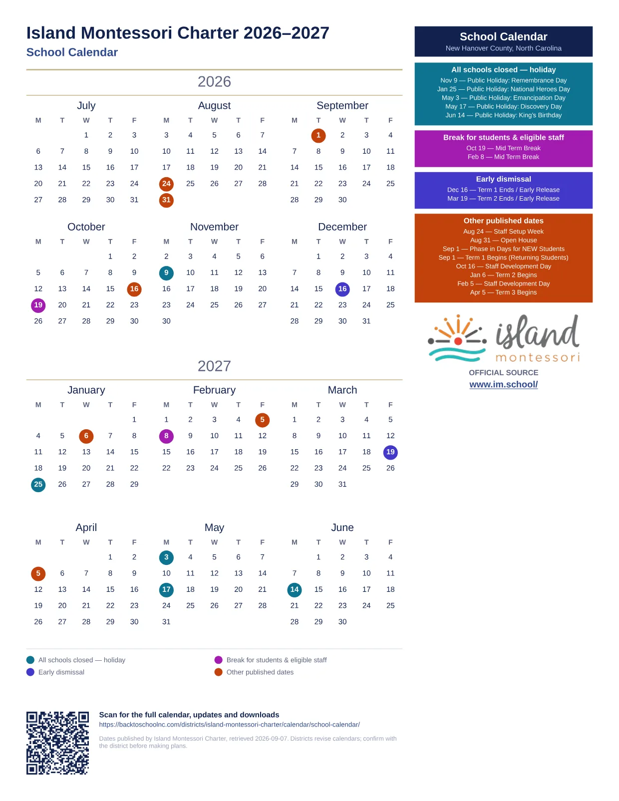 Island Montessori Charter School Calendar  printable calendar