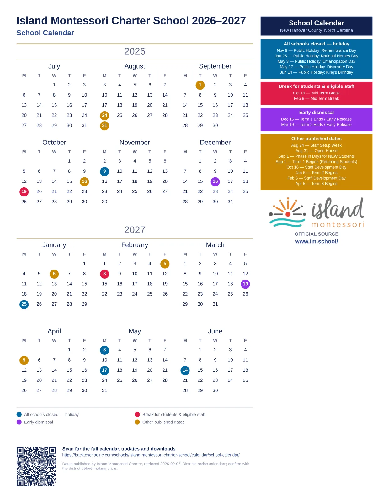 Island Montessori Charter School  printable calendar