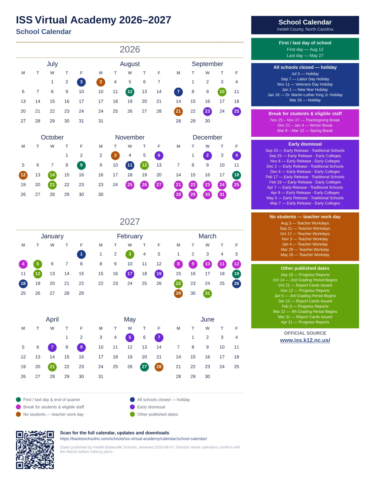 ISS Virtual Academy 2026–2027 printable calendar