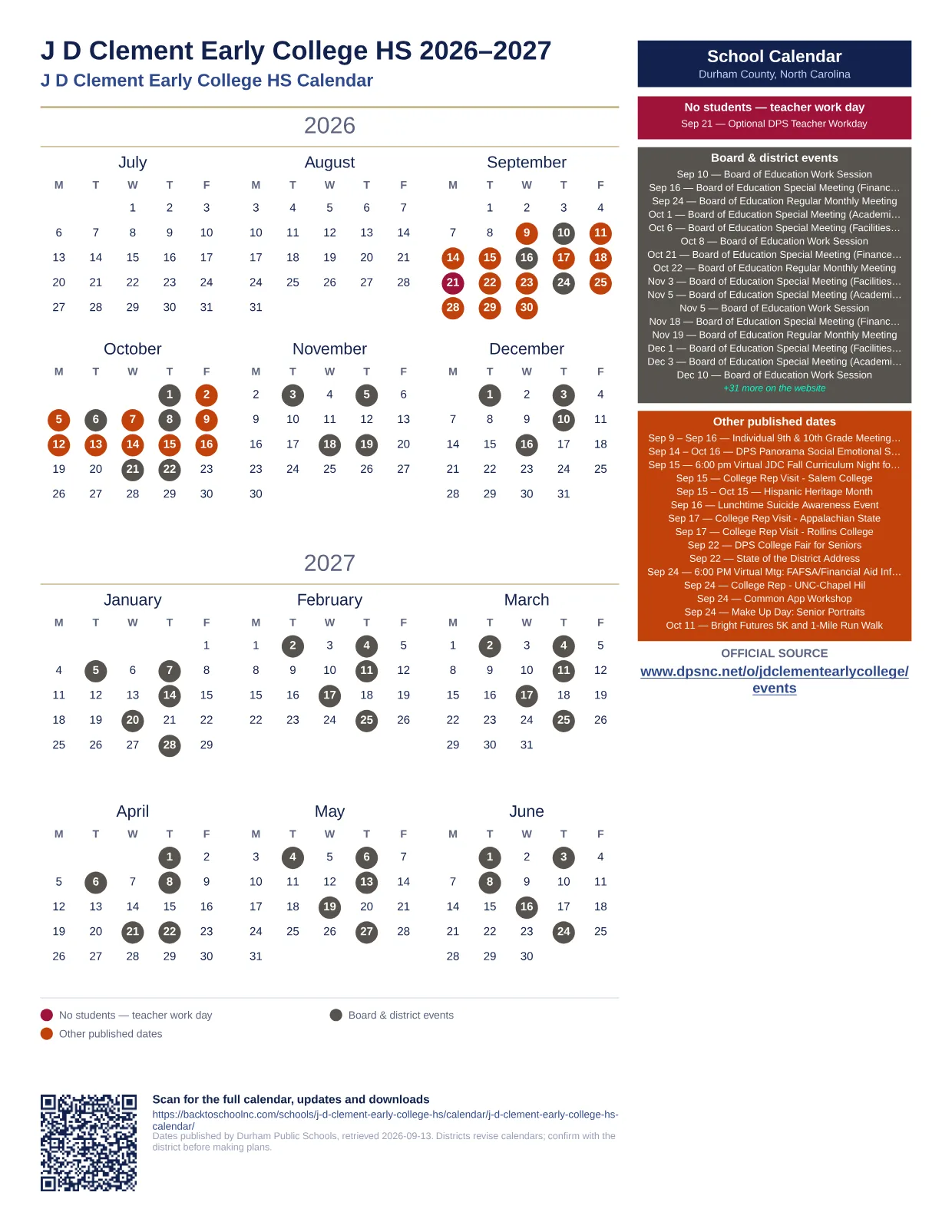 J D Clement Early College HS  printable calendar