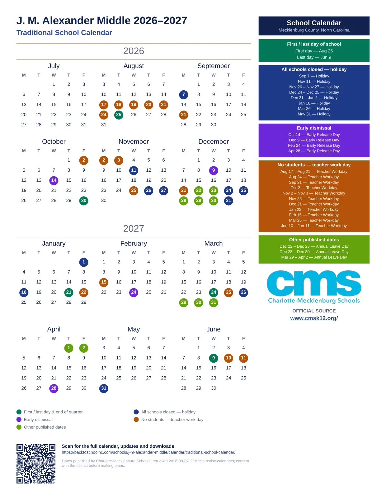 J. M. Alexander Middle 2026–2027 printable calendar