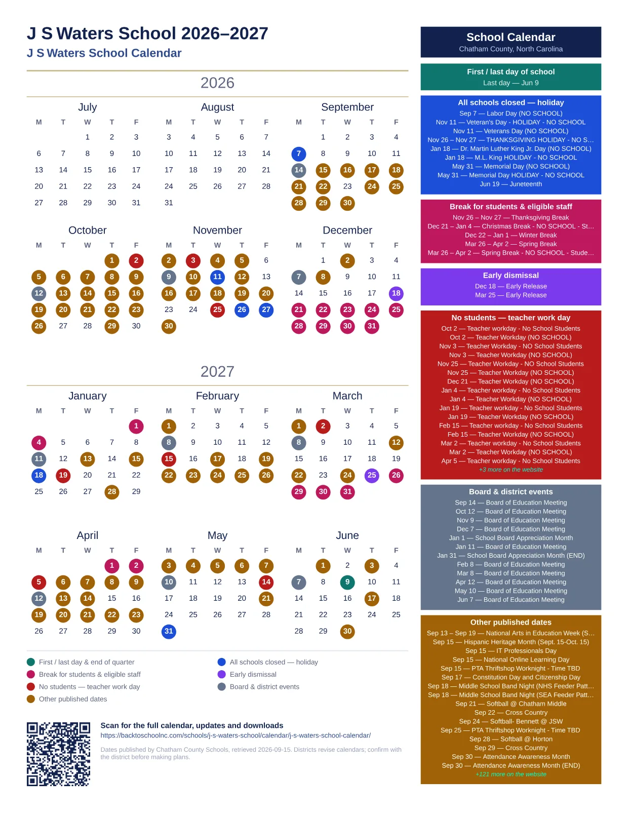 J S Waters School  printable calendar