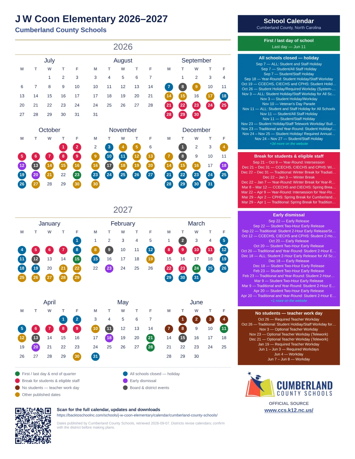 J W Coon Elementary  printable calendar