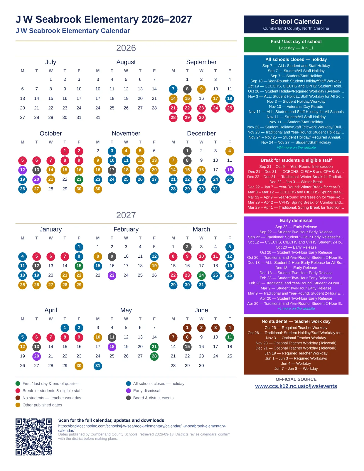 J W Seabrook Elementary  printable calendar