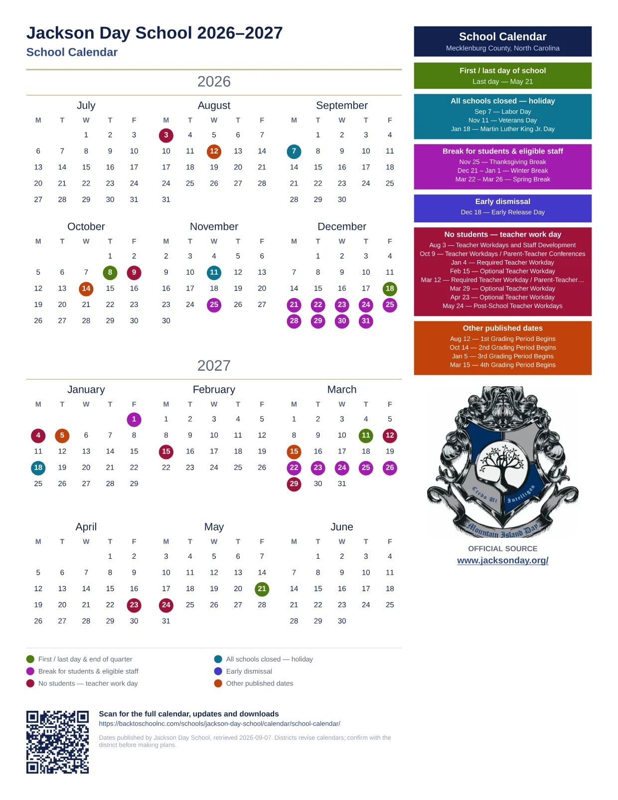 Jackson Day School School Calendar  printable calendar
