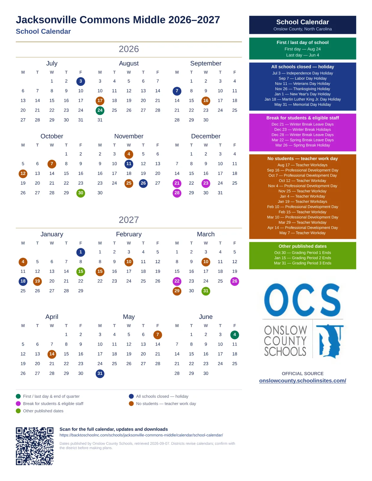 Jacksonville Commons Middle 2026–2027 printable calendar