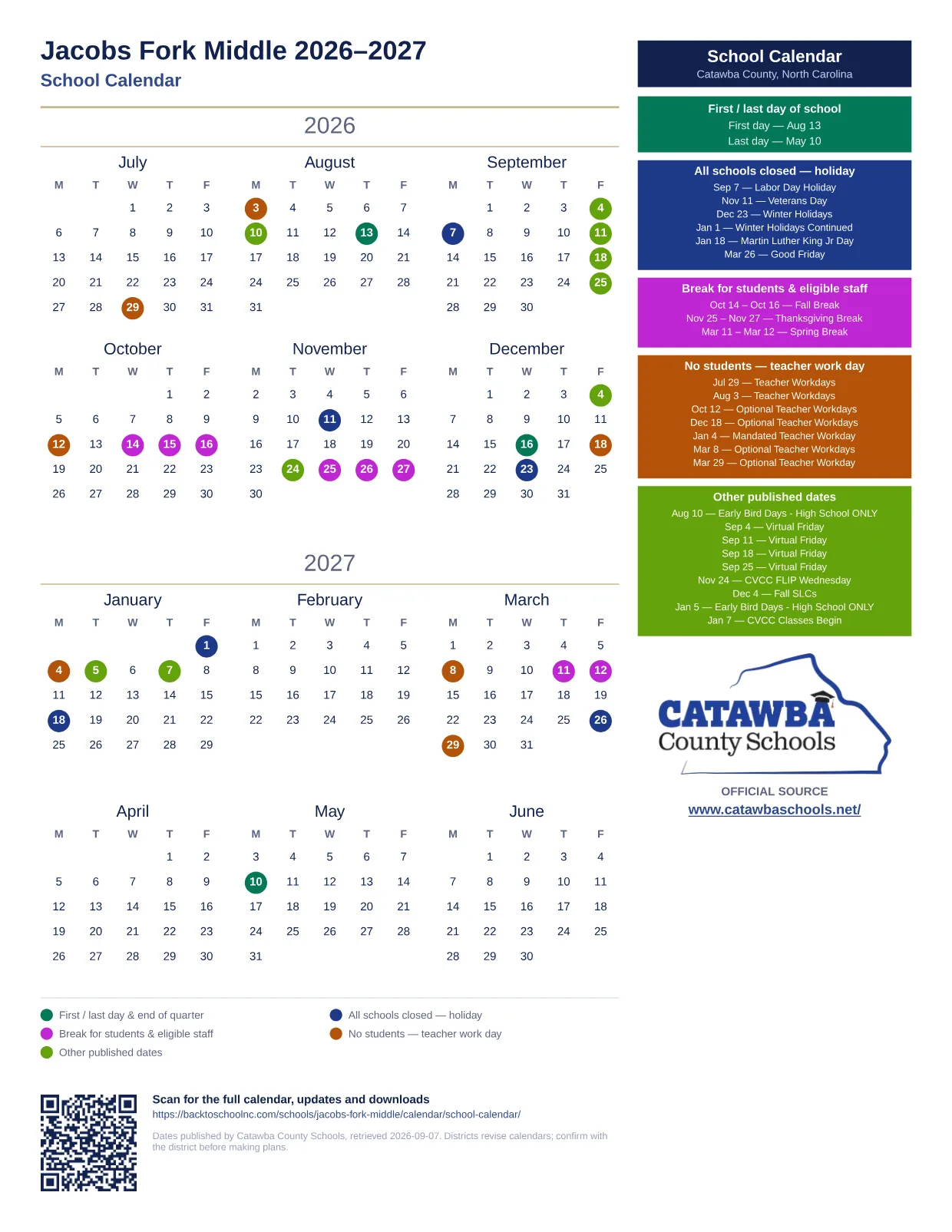 Jacobs Fork Middle 2026–2027 printable calendar