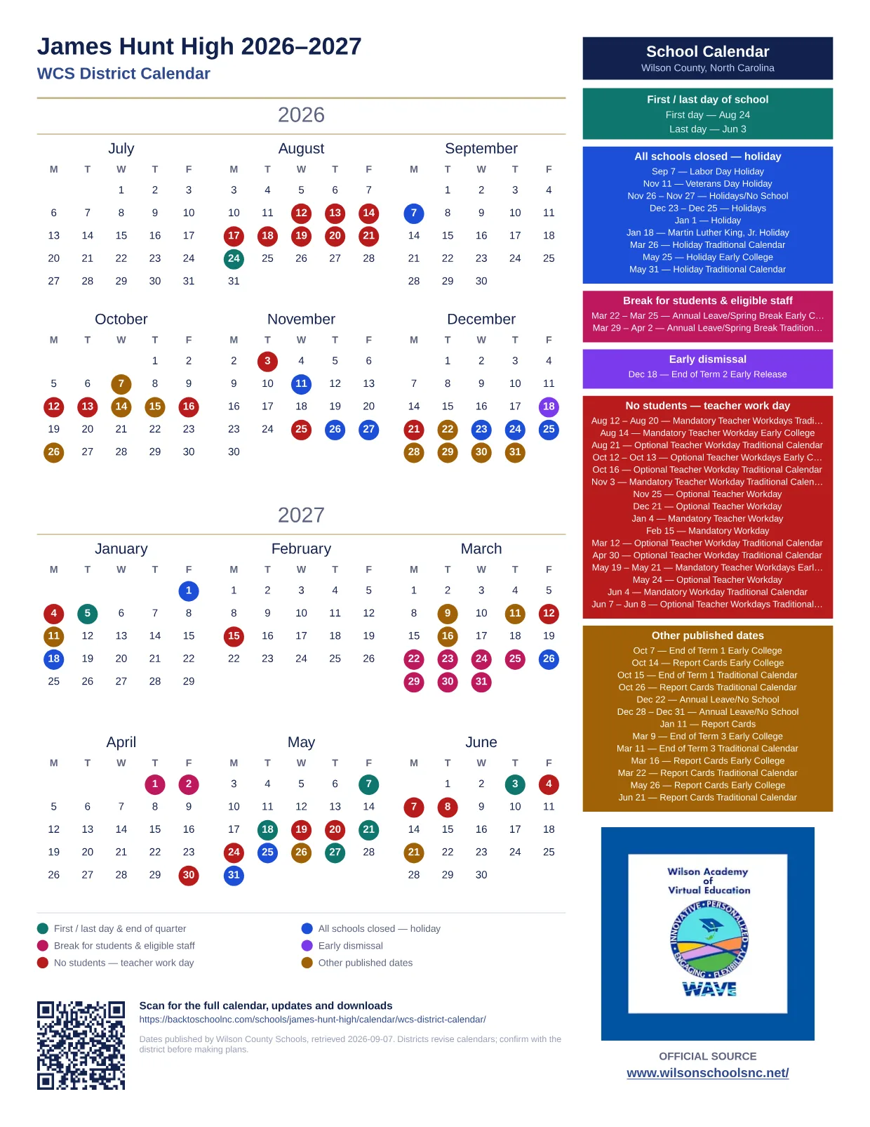 James Hunt High 2026–2027 printable calendar