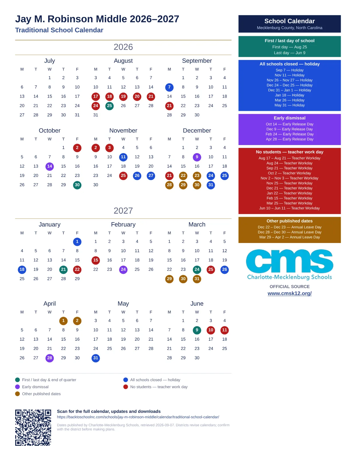 Jay M. Robinson Middle 2026–2027 printable calendar