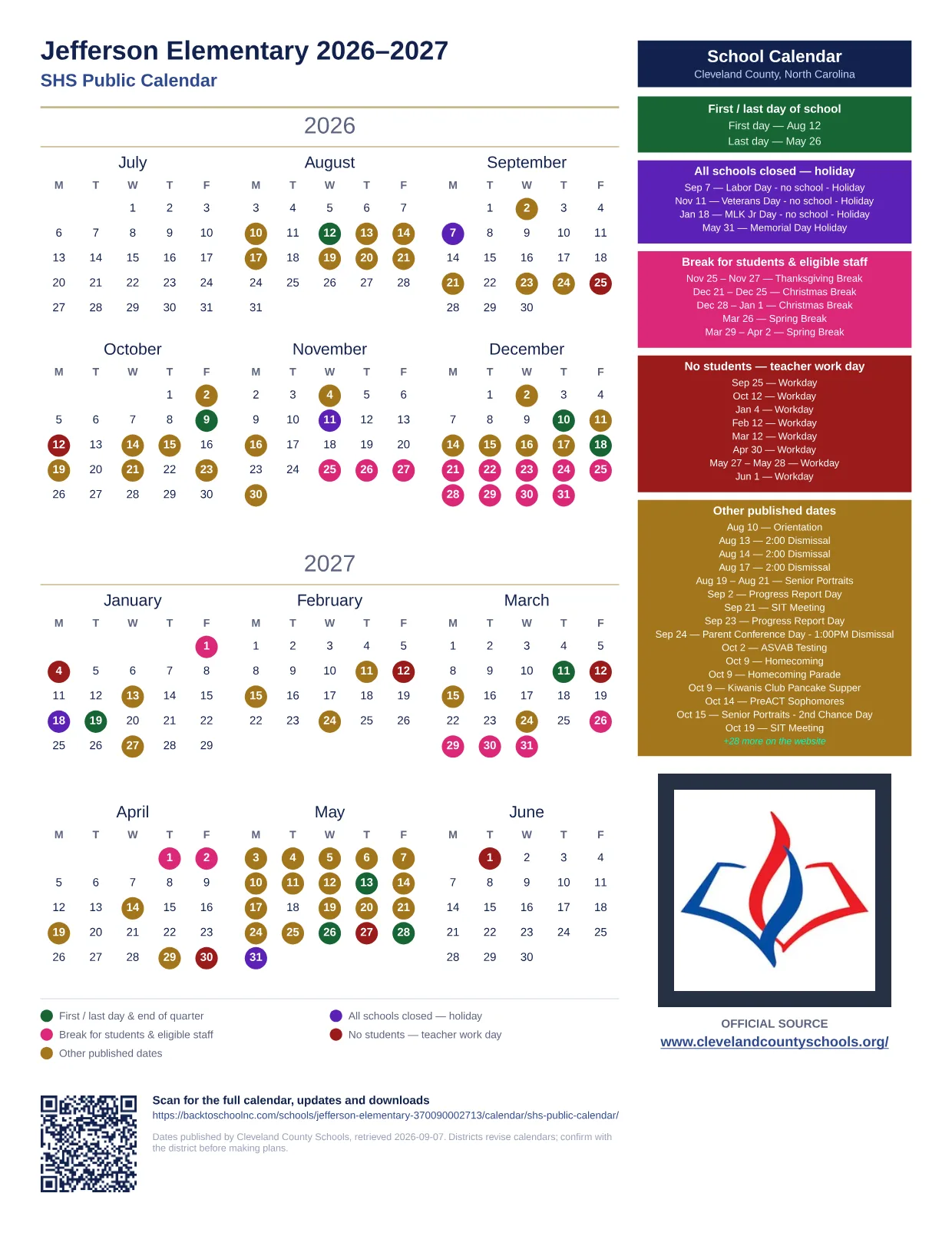 Jefferson Elementary 2026–2027 printable calendar