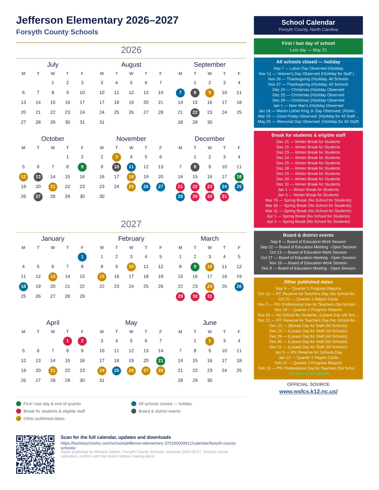Jefferson Elementary printable calendar