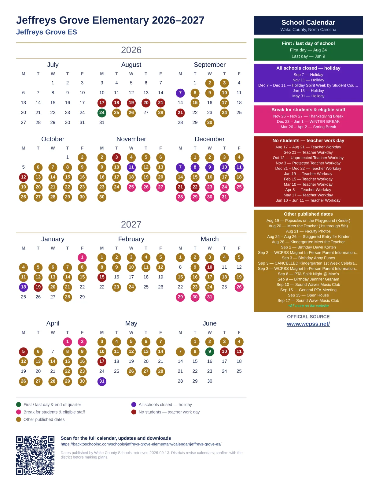 Jeffreys Grove Elementary 2026–2027 printable calendar