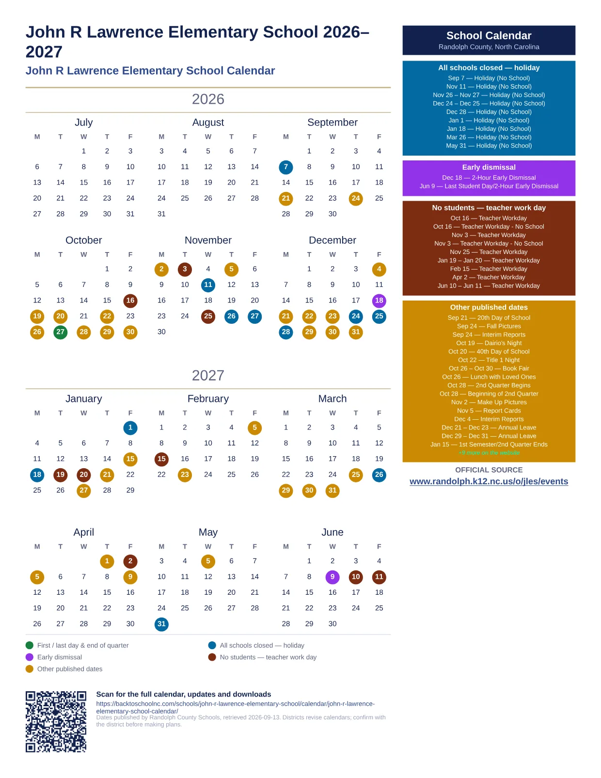 John R Lawrence Elementary School  printable calendar