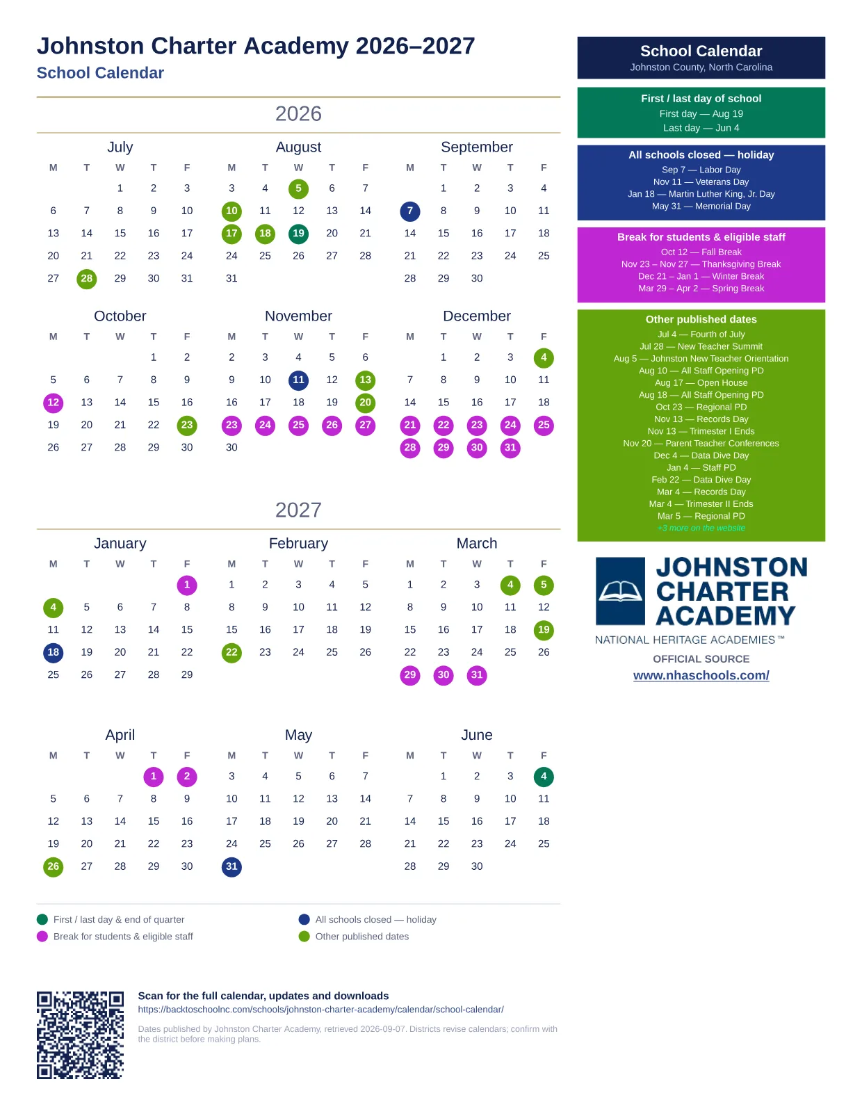 Johnston Charter Academy School Calendar 2026–2027 printable calendar