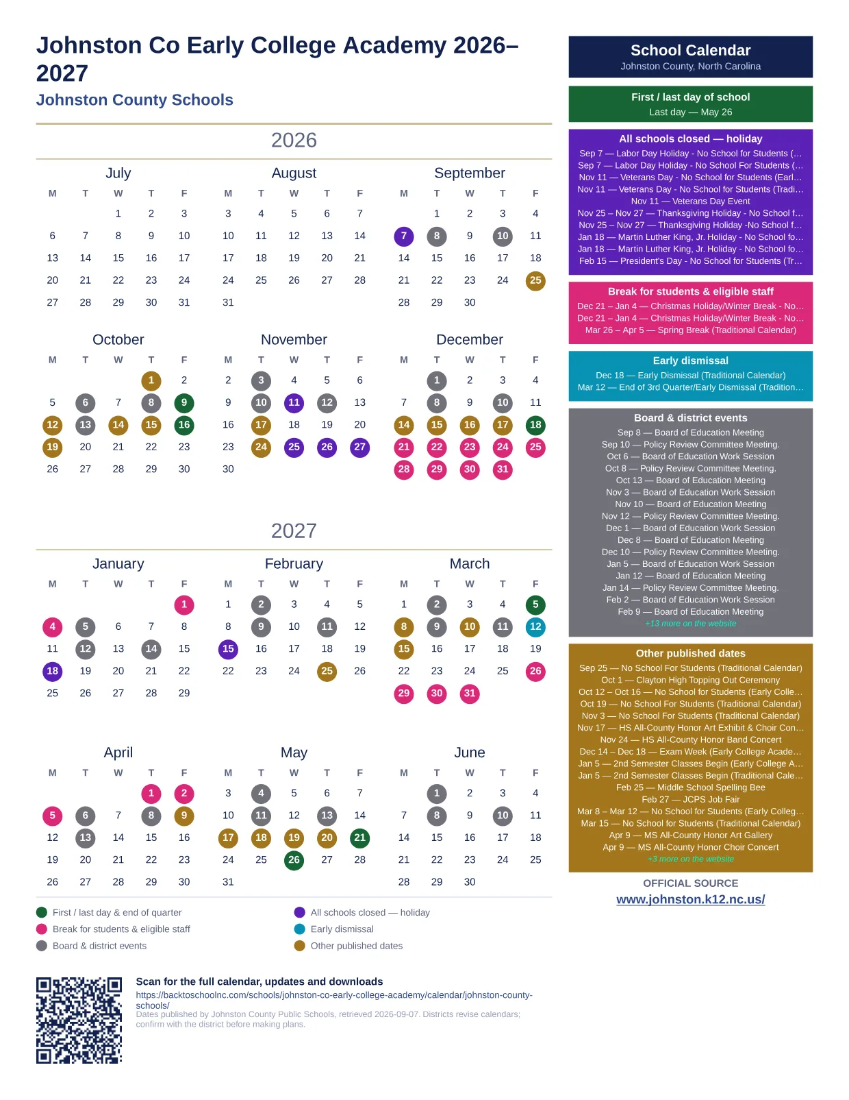 Johnston Co Early College Academy printable calendar