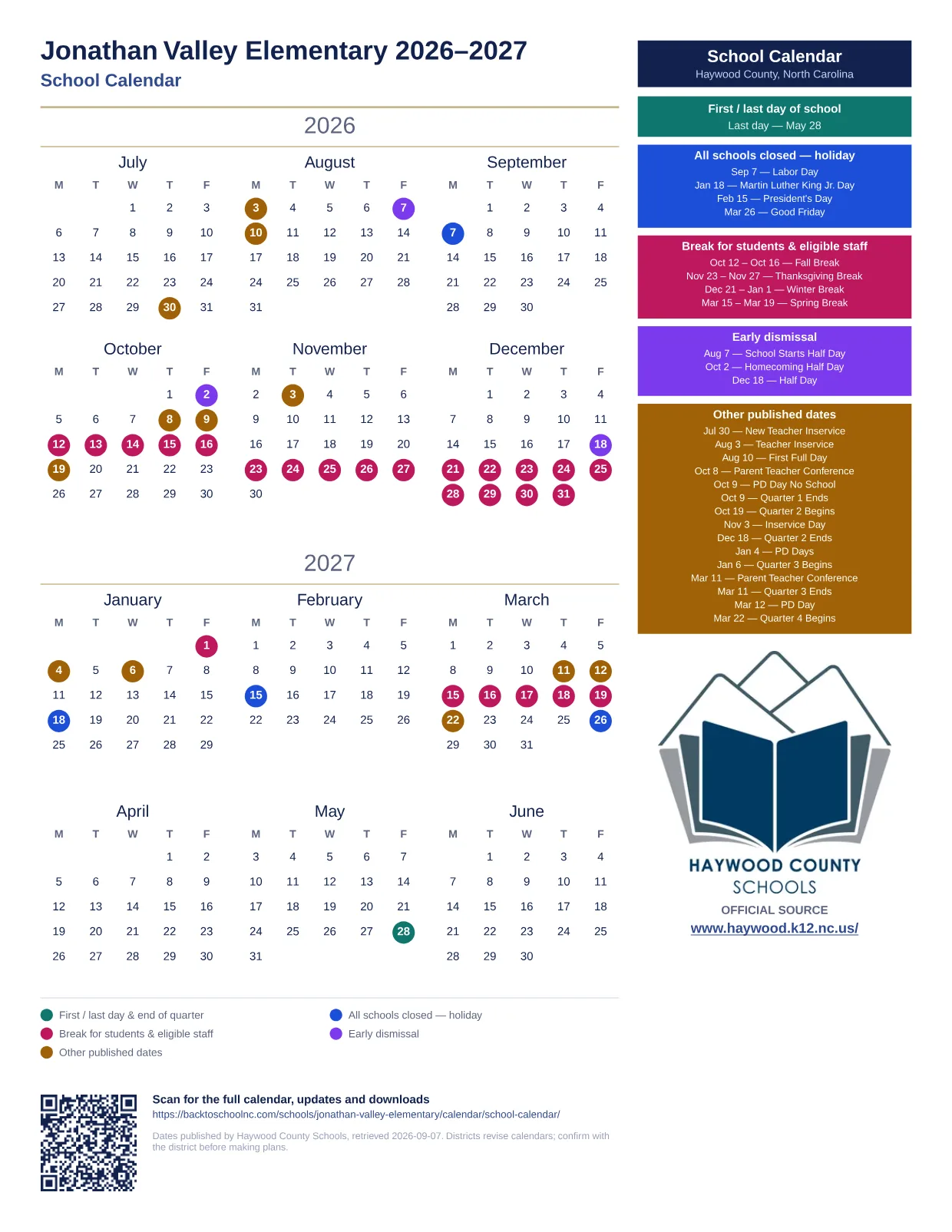 Jonathan Valley Elementary printable calendar