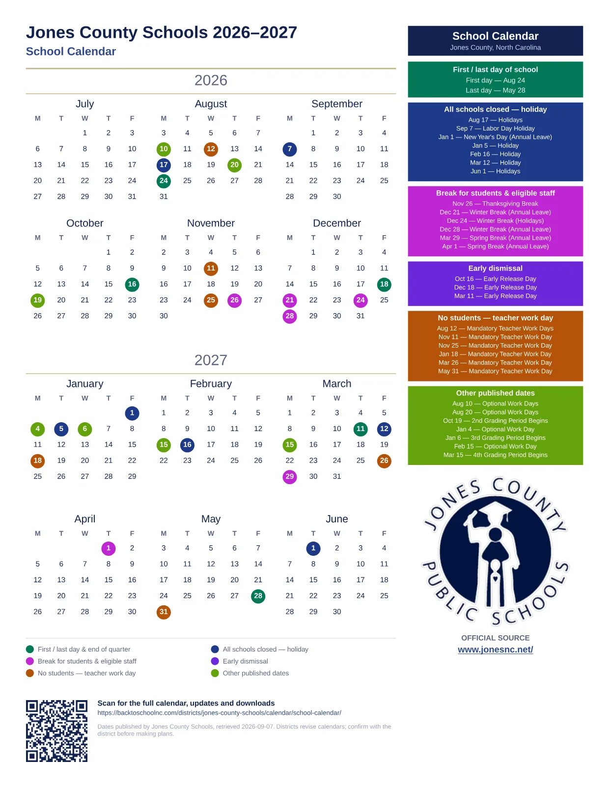 Jones County Schools School Calendar 2026–2027 printable calendar