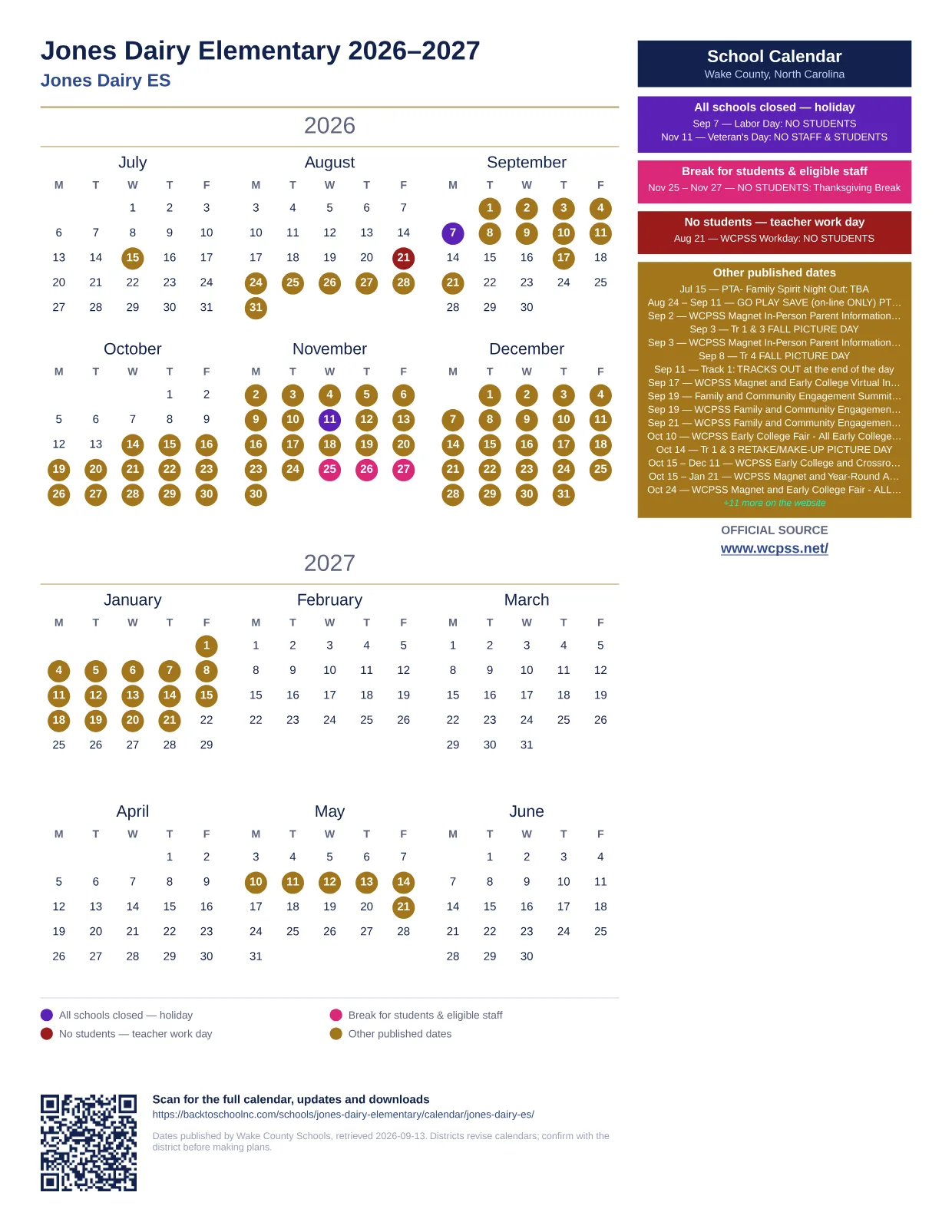 Jones Dairy Elementary  printable calendar