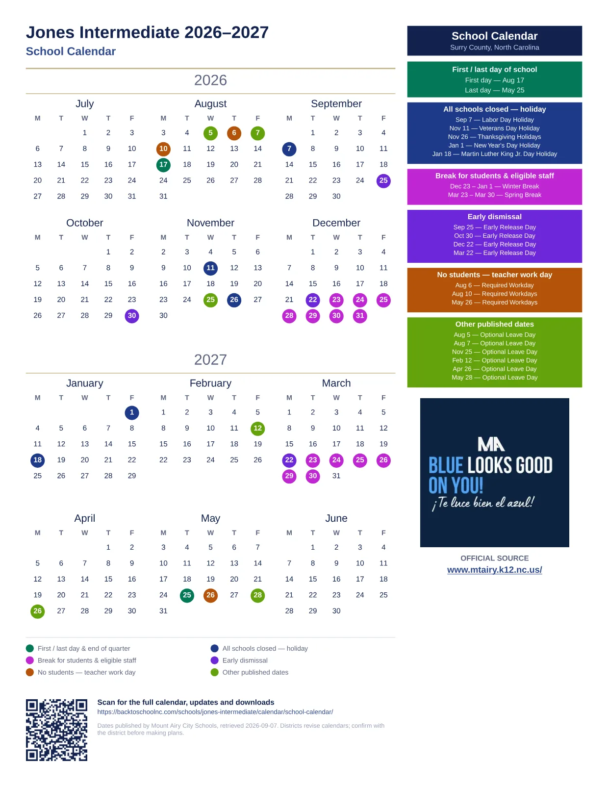 Jones Intermediate 2026–2027 printable calendar