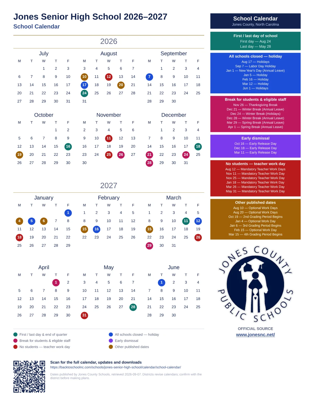 Jones Senior High School 2026–2027 printable calendar