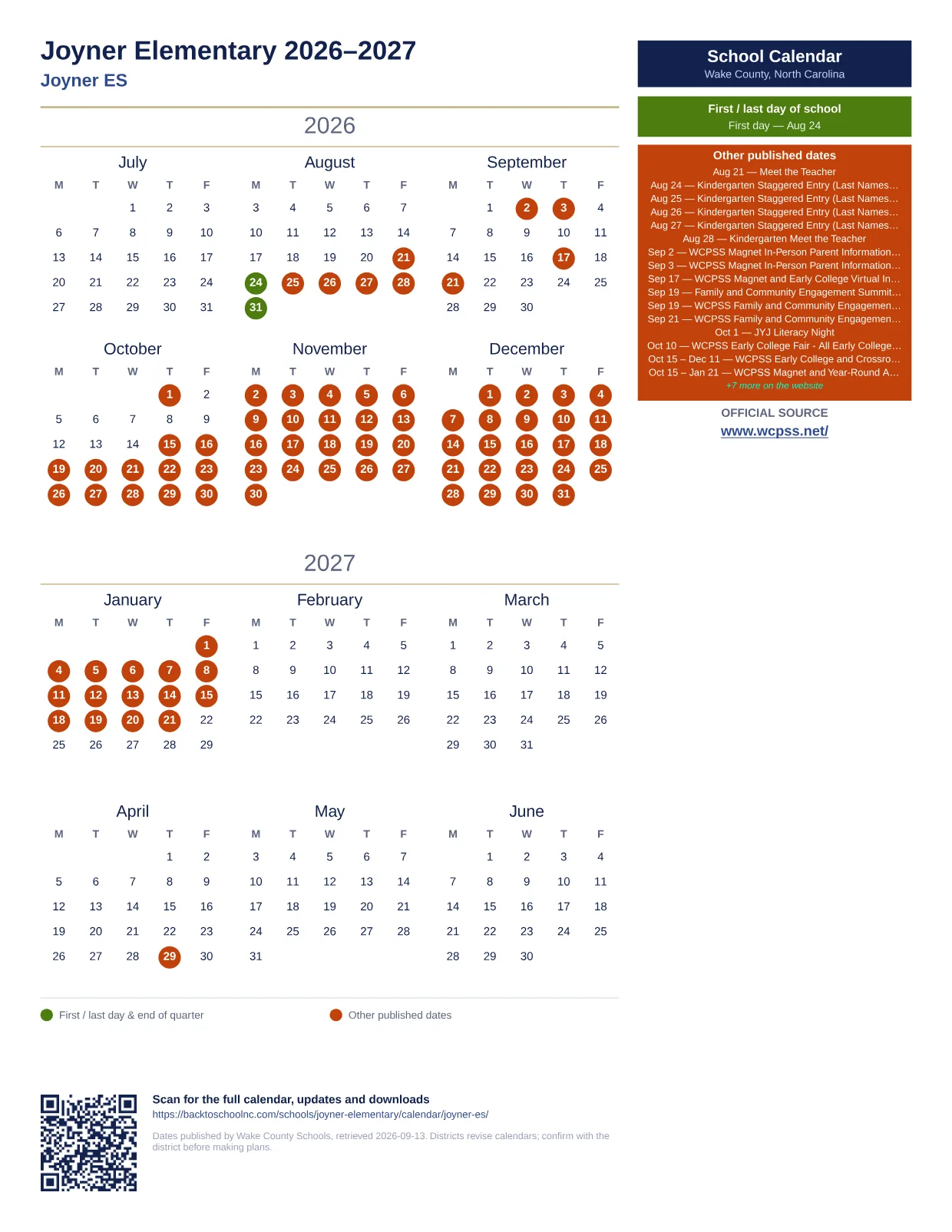 Joyner Elementary 2026–2027 printable calendar