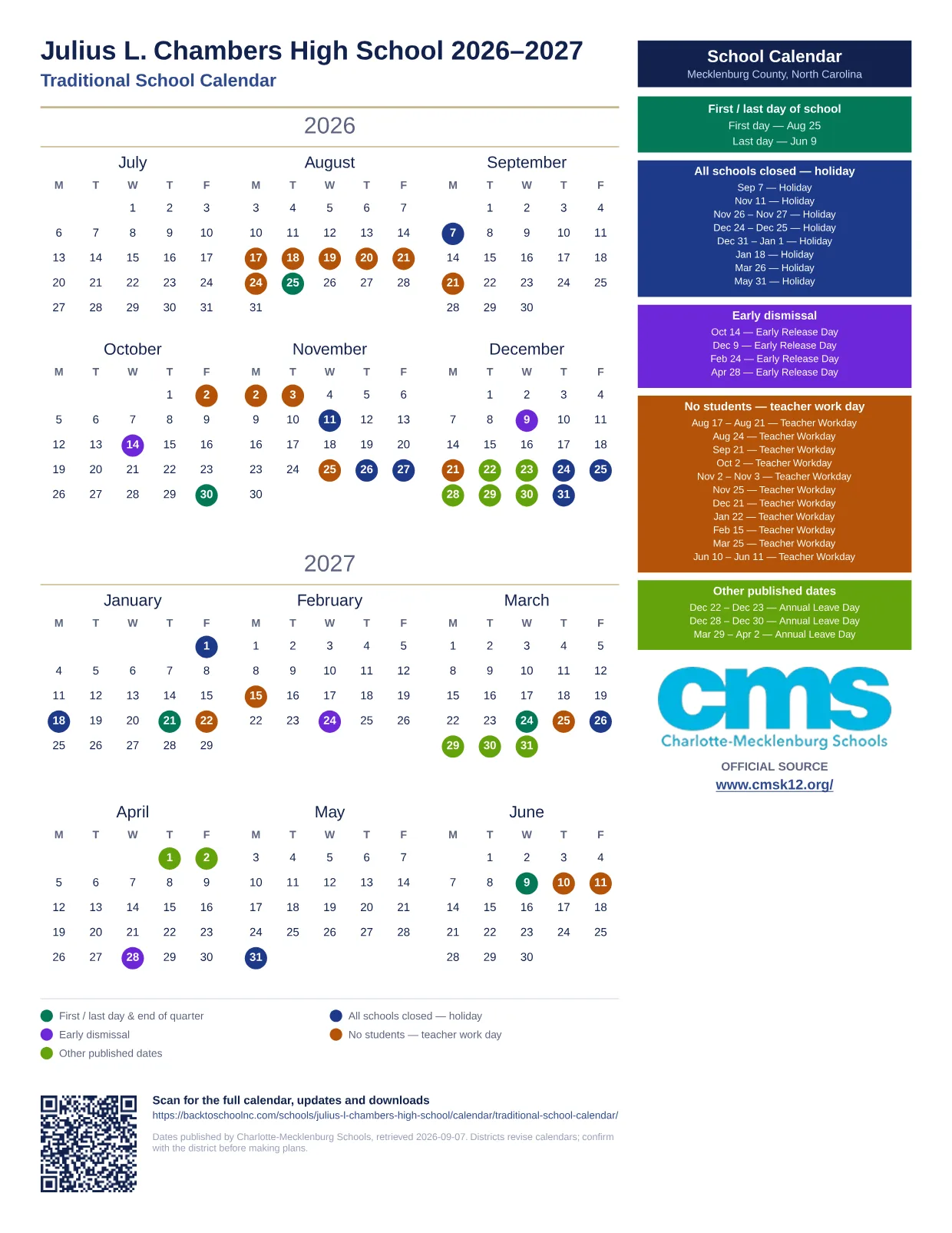 Julius L. Chambers High School 2026–2027 printable calendar