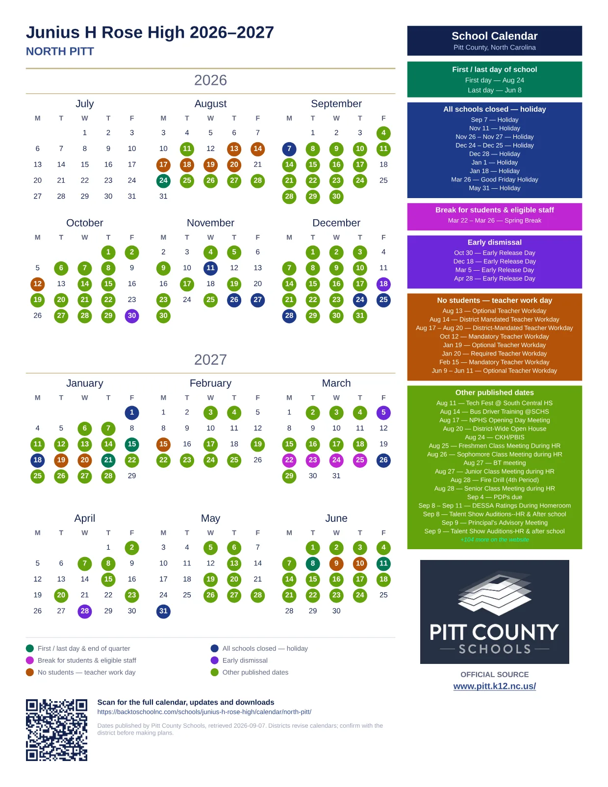 Junius H Rose High 2026–2027 printable calendar