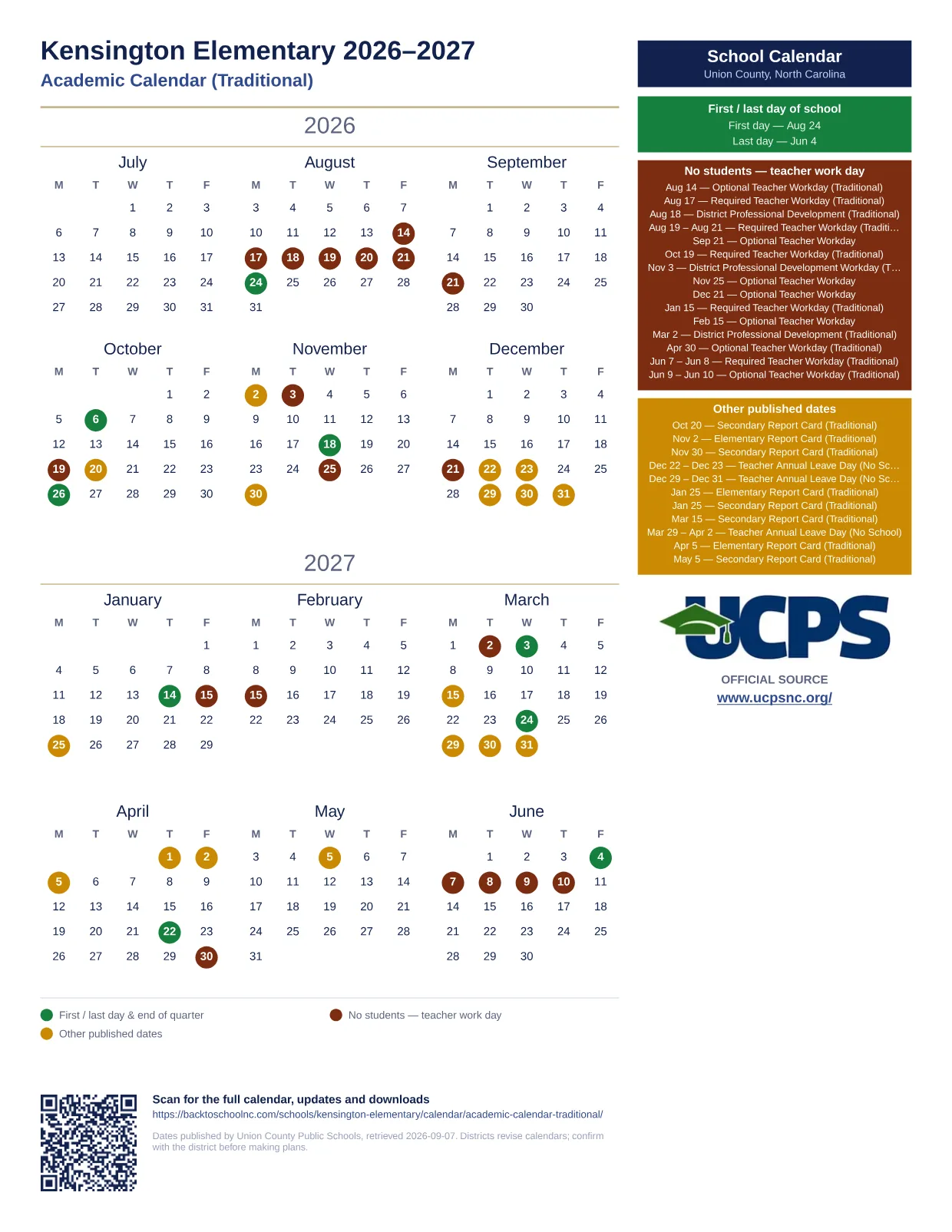 Kensington Elementary 2026–2027 printable calendar
