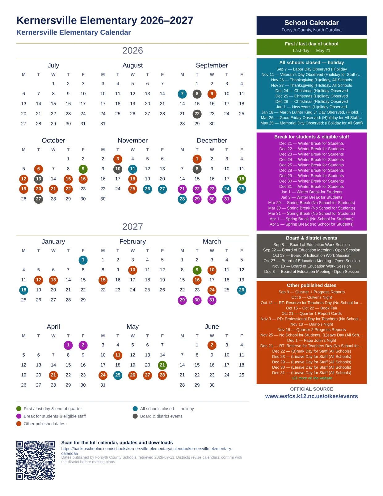 Kernersville Elementary  printable calendar