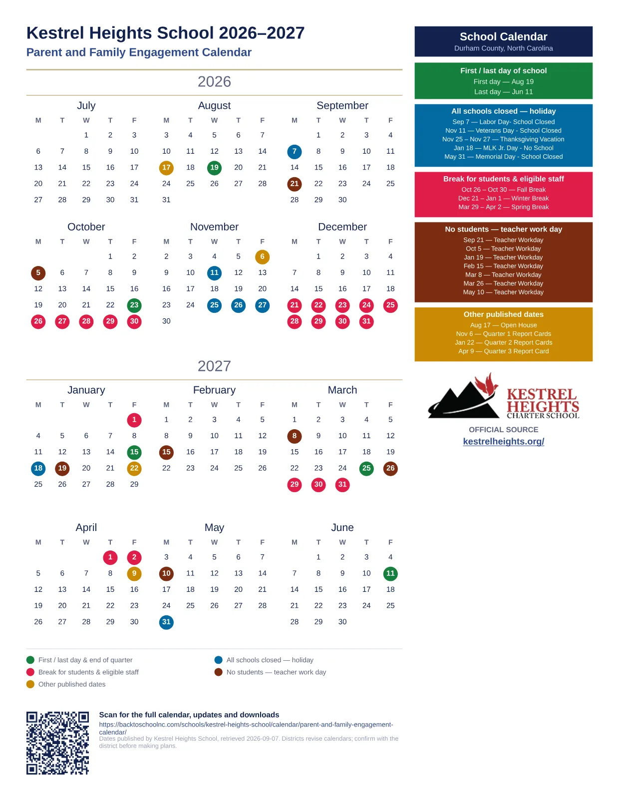 Kestrel Heights School Parent and Family Engagement Calendar 2026–2027 printable calendar