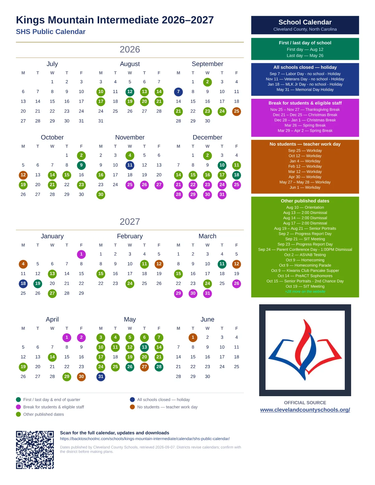 Kings Mountain Intermediate 2026–2027 printable calendar