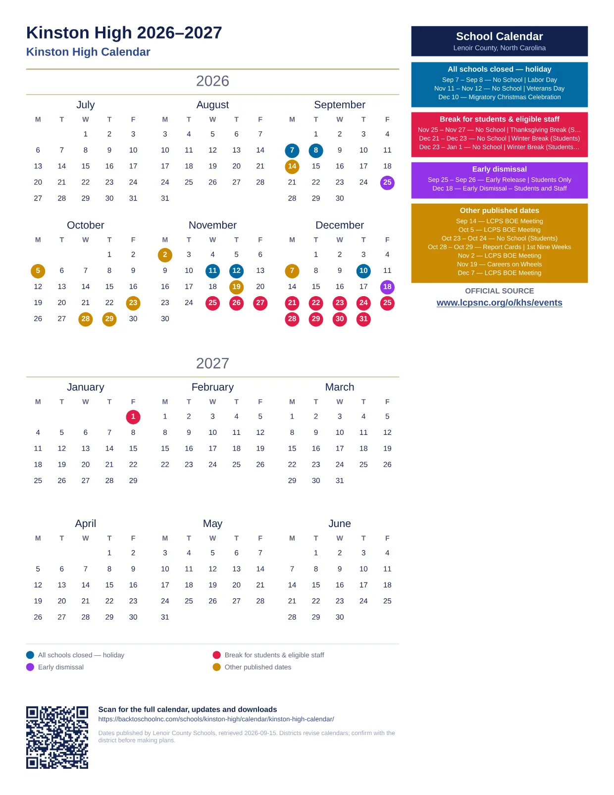 Kinston High printable calendar