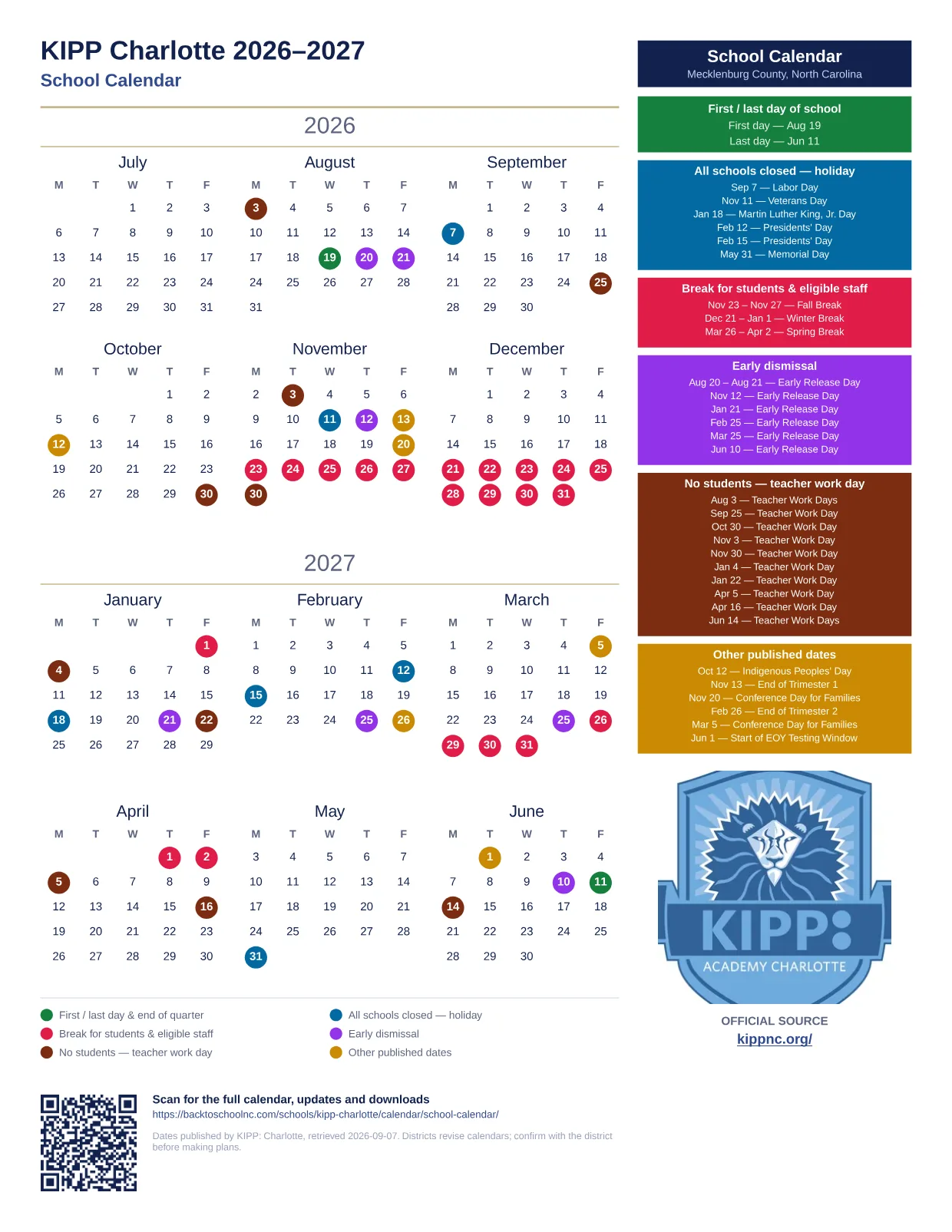 KIPP: Charlotte School Calendar 2026–2027 printable calendar