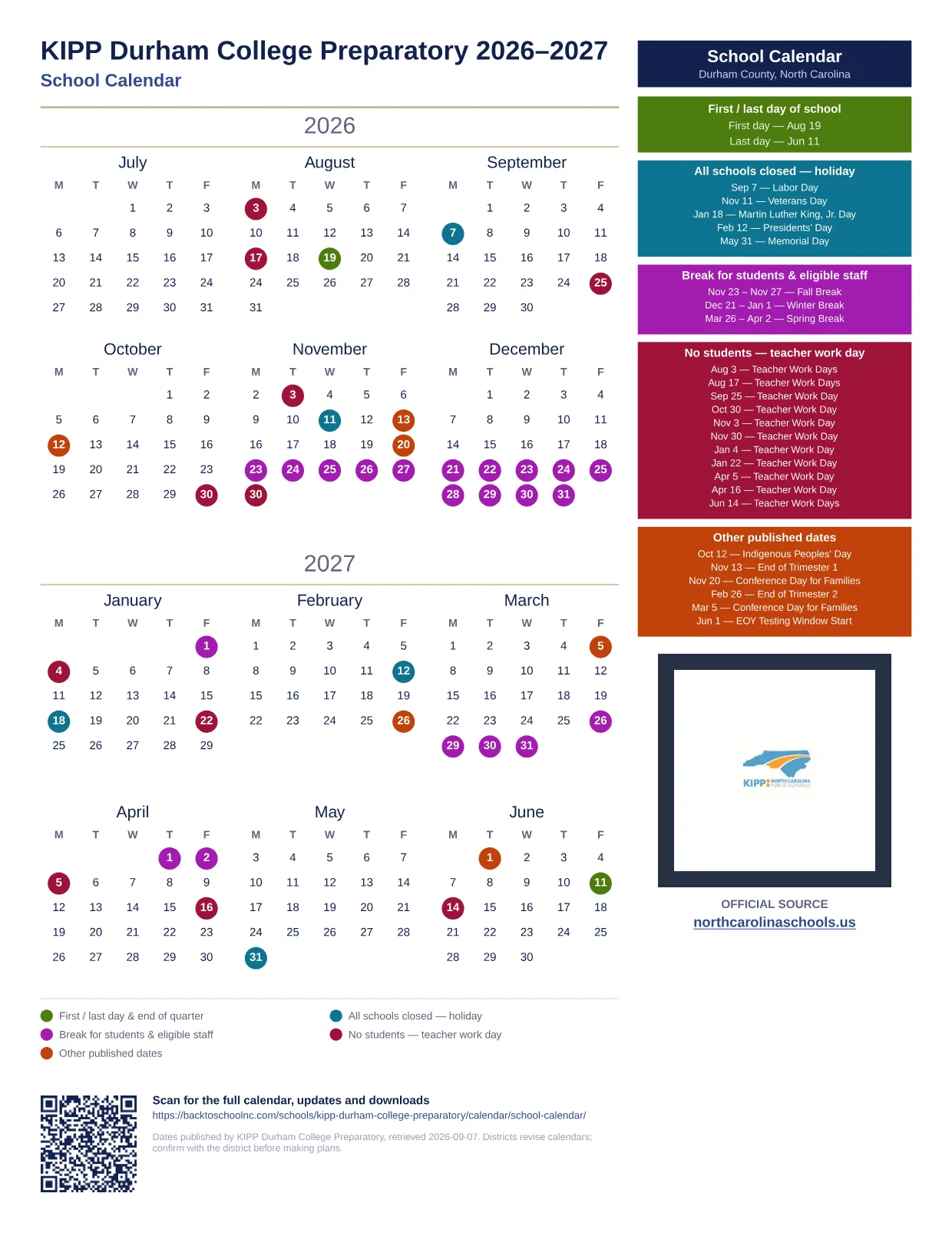 KIPP Durham College Preparatory School Calendar 2026–2027 printable calendar