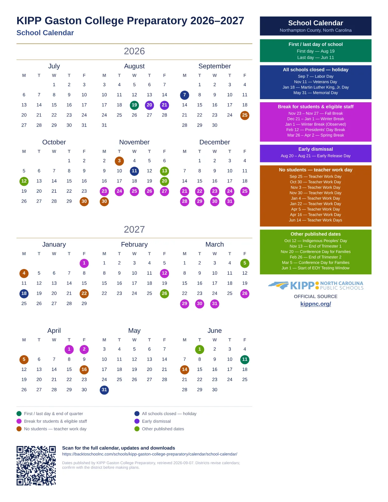 KIPP Gaston College Preparatory School Calendar 2026–2027 printable calendar