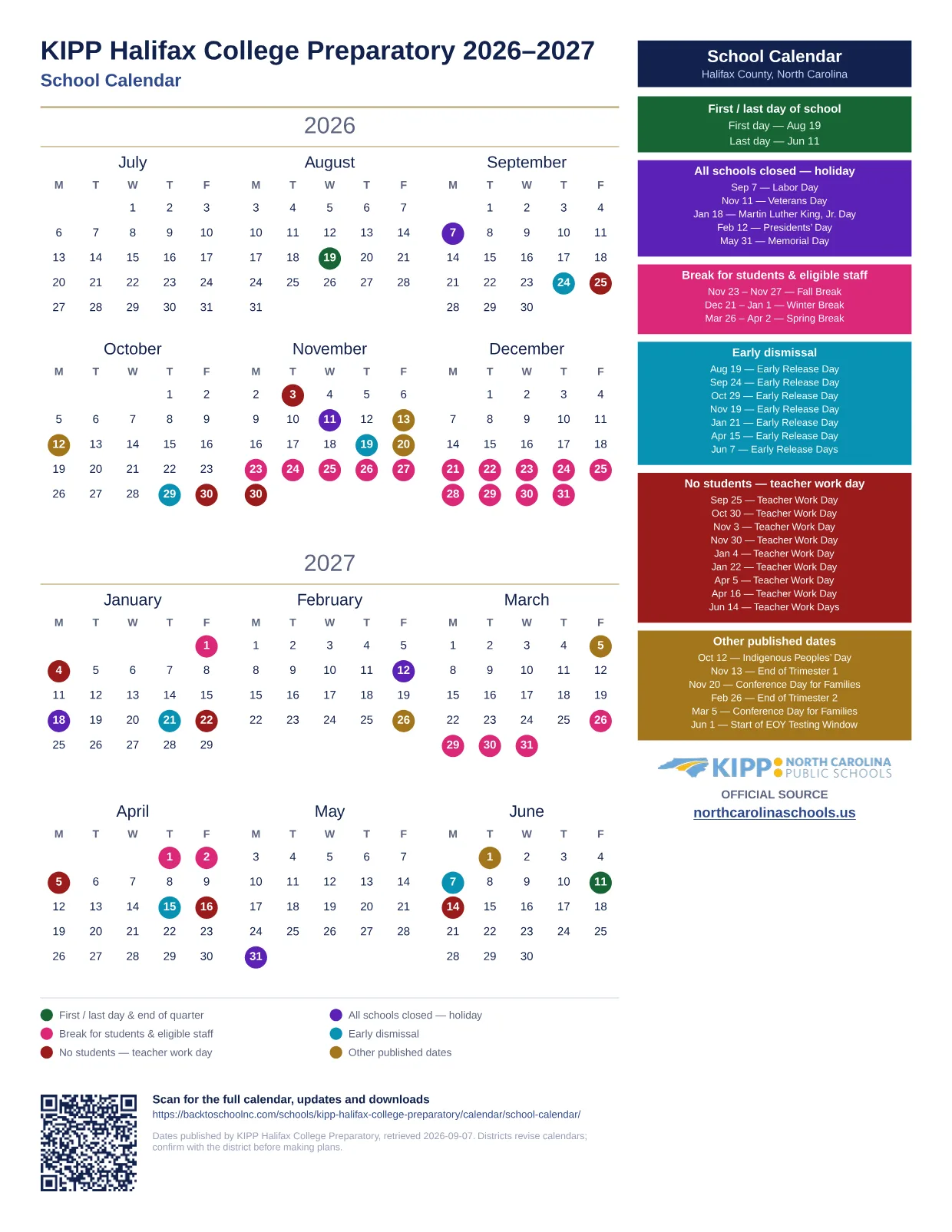 KIPP Halifax College Preparatory School Calendar 2026–2027 printable calendar