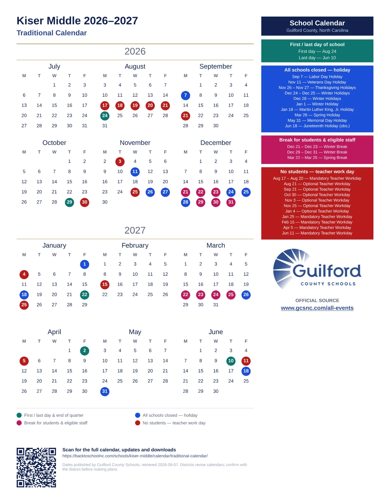 Kiser Middle 2026–2027 printable calendar