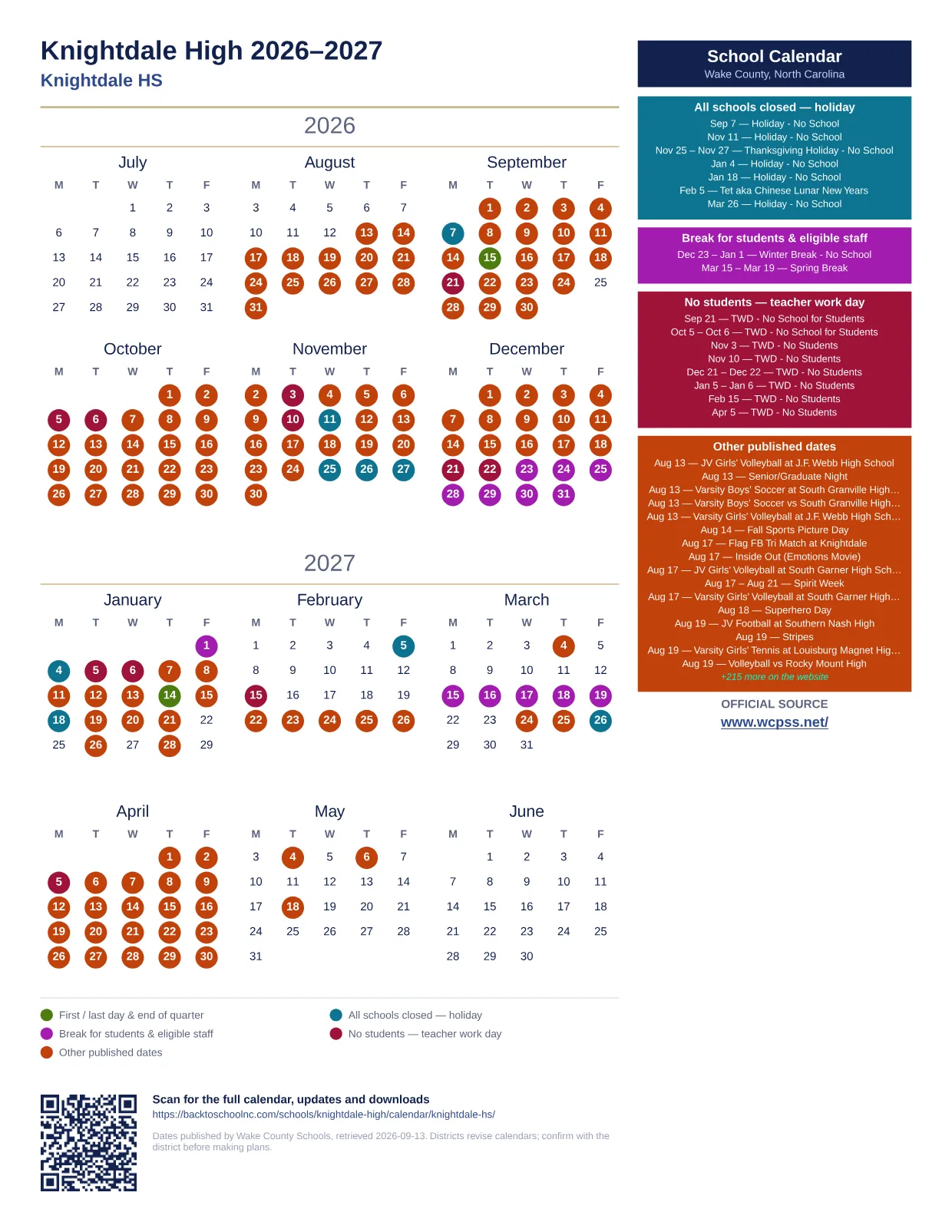 Knightdale High  printable calendar