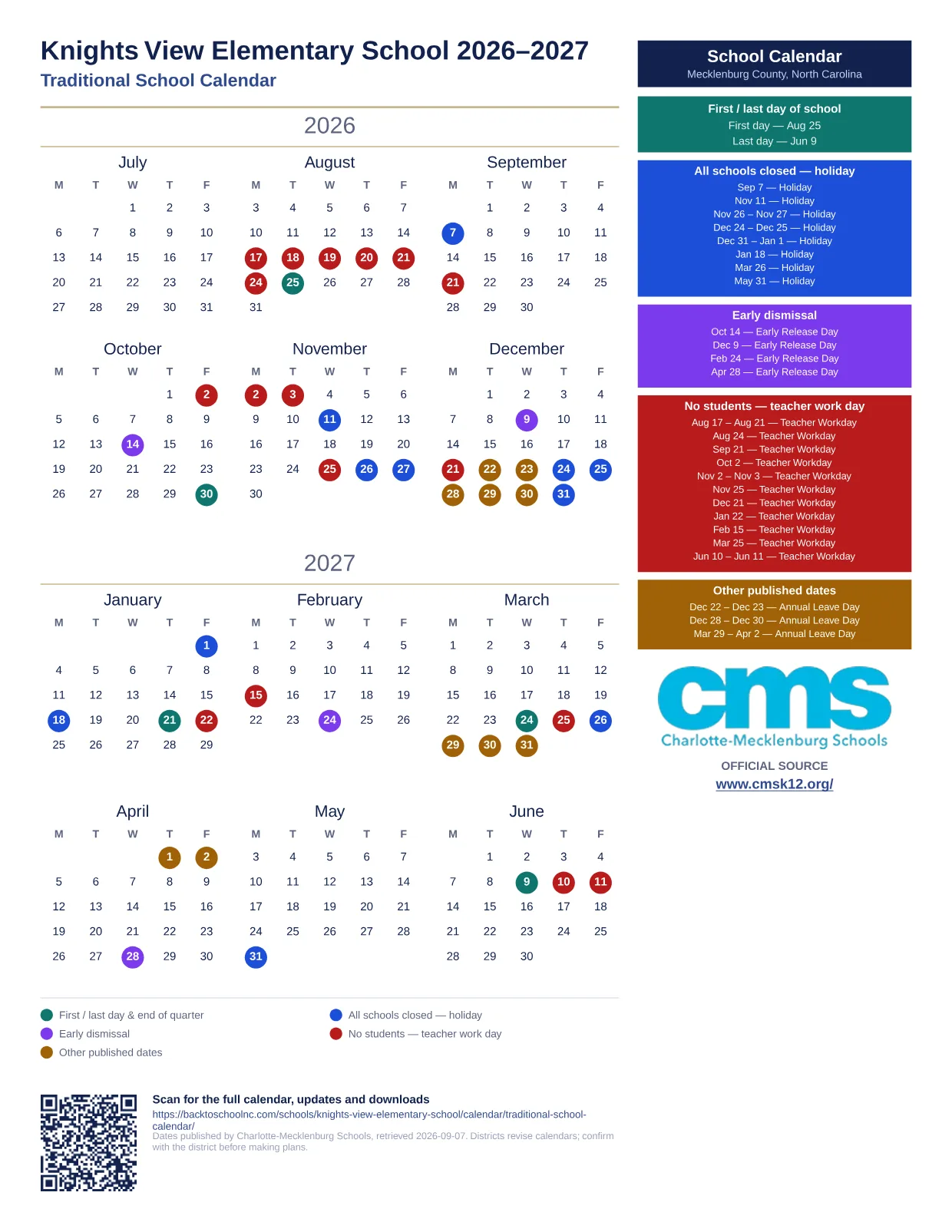 Knights View Elementary School 2026–2027 printable calendar