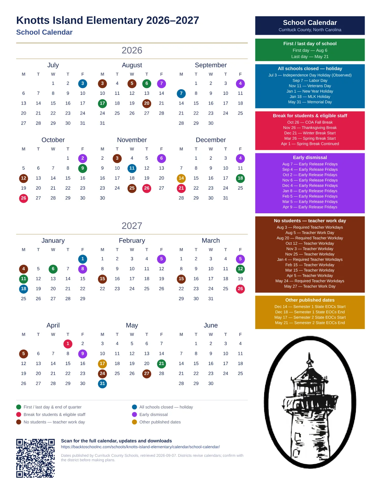 Knotts Island Elementary 2026–2027 printable calendar