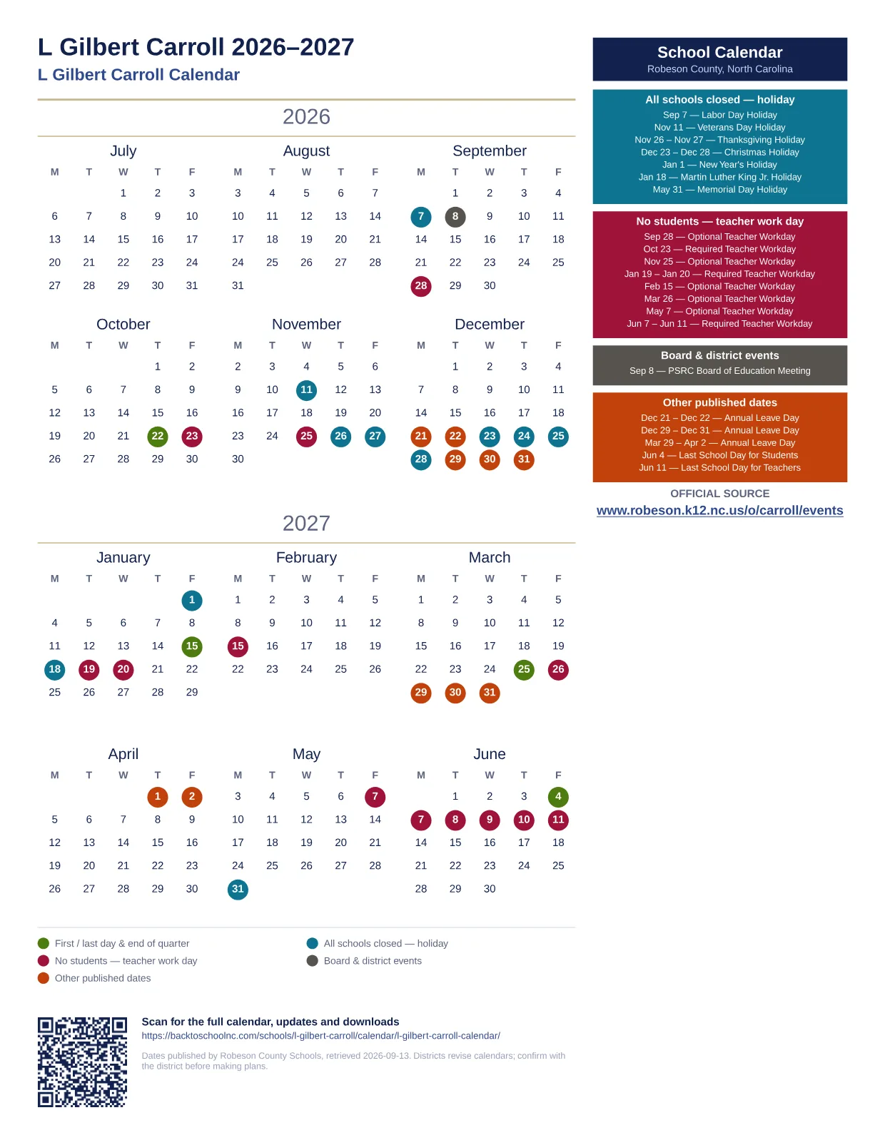 L Gilbert Carroll printable calendar