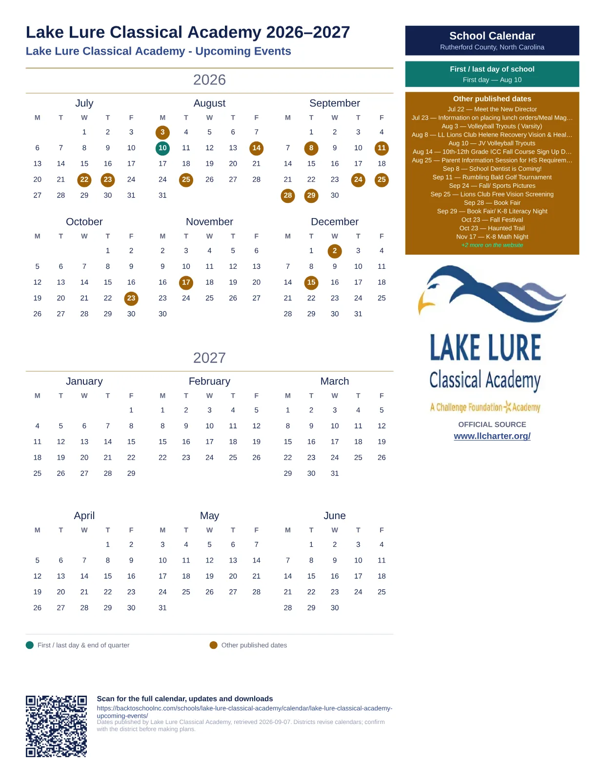 Lake Lure Classical Academy Lake Lure Classical Academy - Upcoming Events 2026–2027 printable calendar