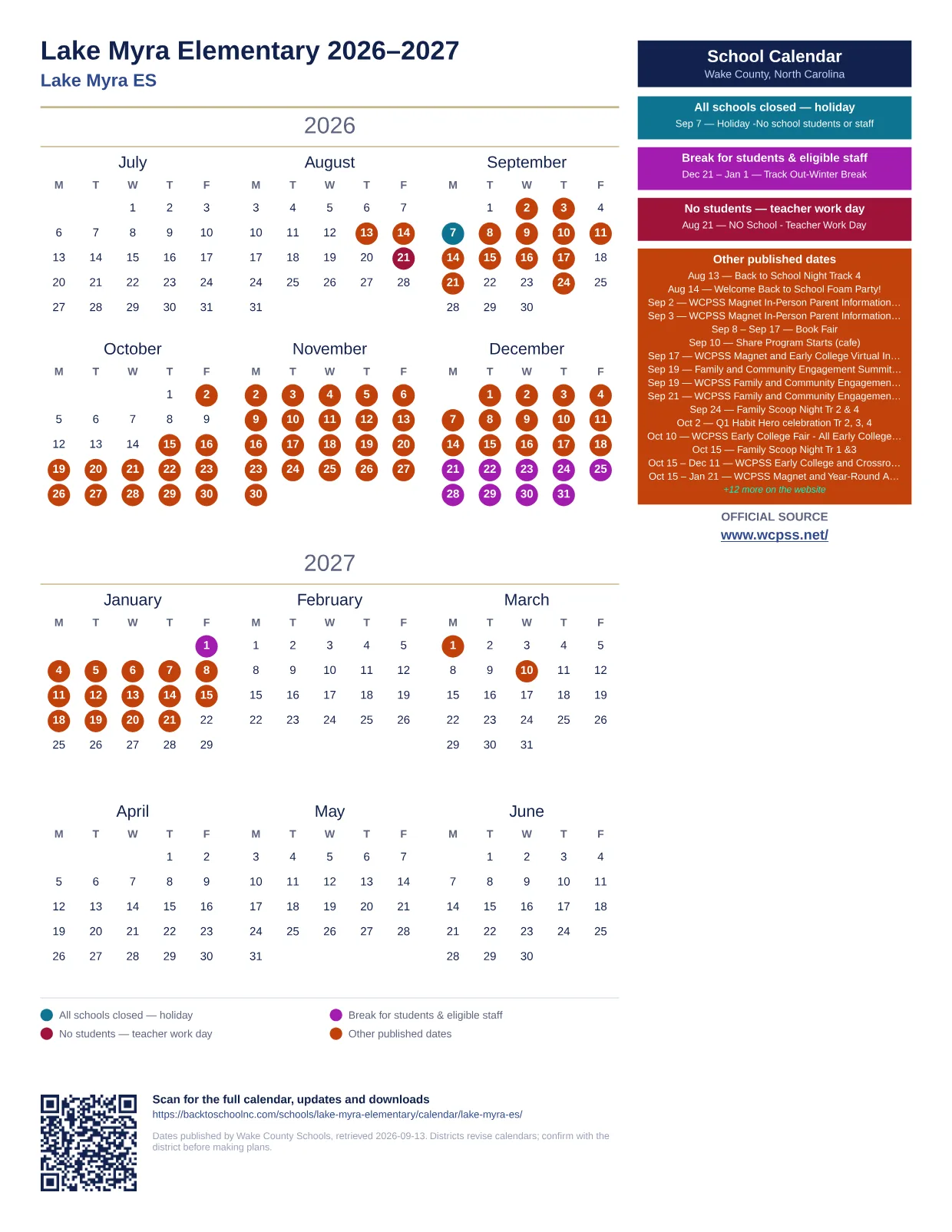 Lake Myra Elementary  printable calendar