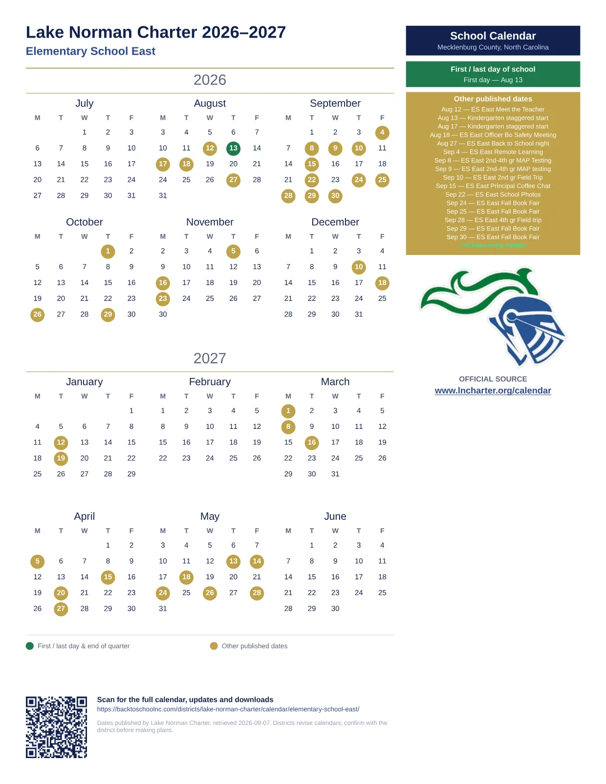 Lake Norman Charter Elementary School East  printable calendar