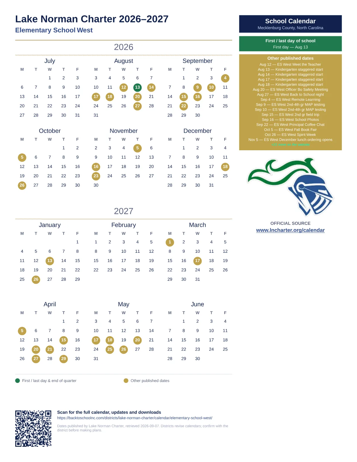 Lake Norman Charter Elementary School West  printable calendar