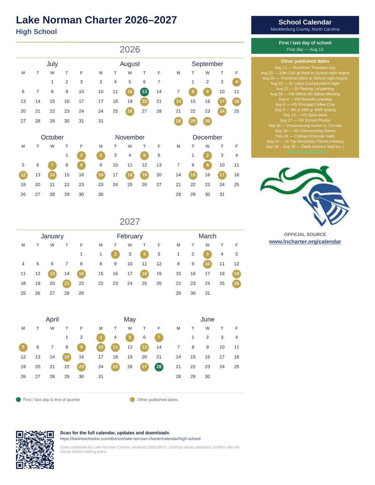 Lake Norman Charter High School 2026–2027 printable calendar