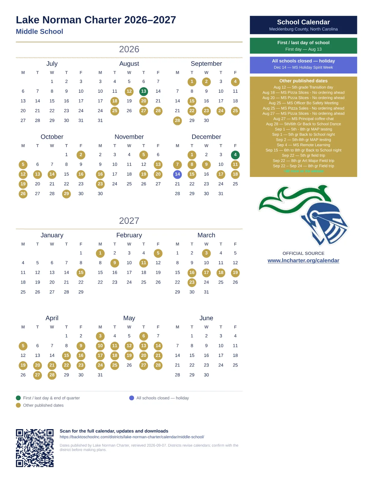 Lake Norman Charter Middle School  printable calendar