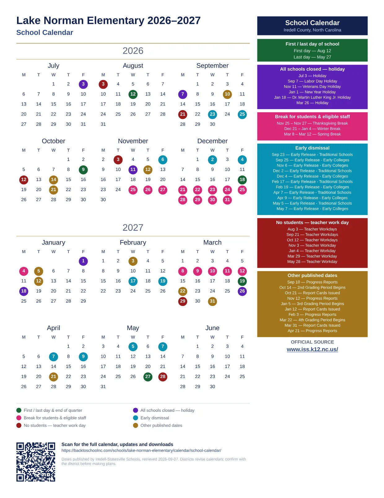Lake Norman Elementary 2026–2027 printable calendar